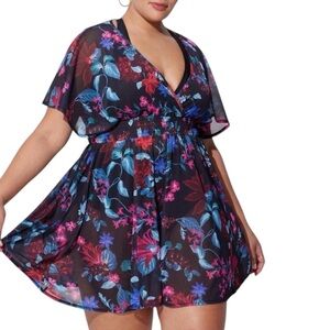 Torrid Floral Mesh Smock Waist Swim Coverup Dress